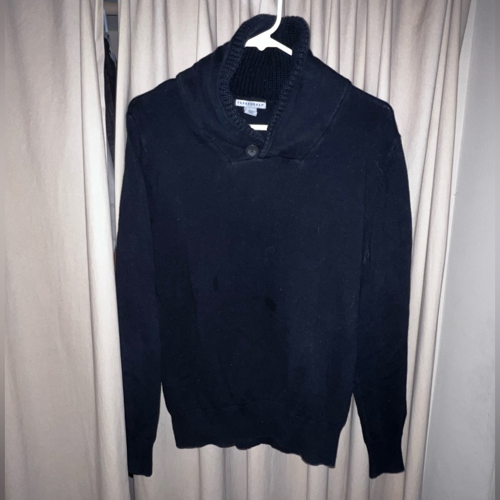 Men’s paraphrase black medium cowl neck sweater with button on collar